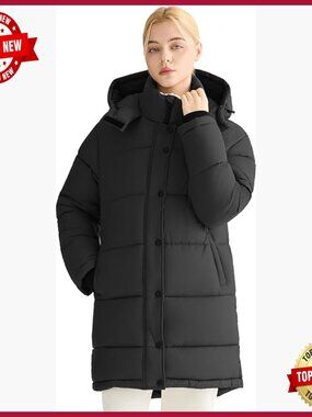 Mid-Length Down Puffer Jacket with Hood, Windproof Winter Parka
